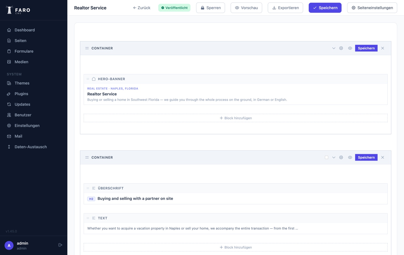 FARO CMS Seiten-Editor mit Block-Struktur
